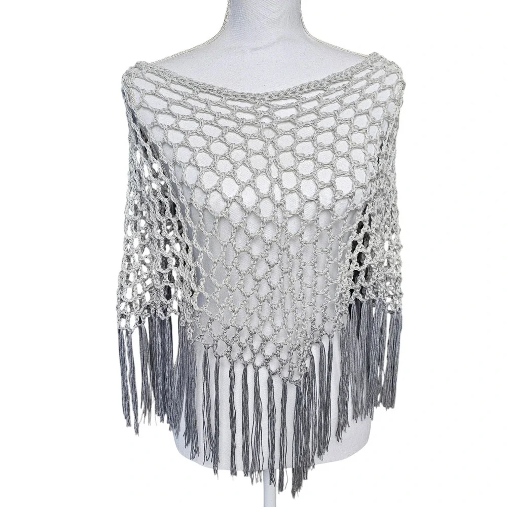 Handmade Crochet Shawl Women Gray Ombre Fringe Cotton Boho Poncho - Picture 1 of 10